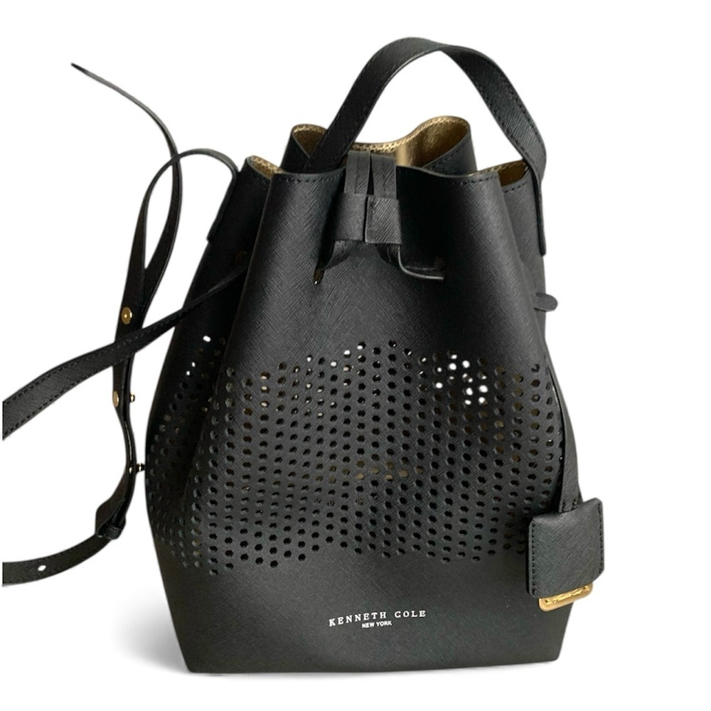 Kenneth Cole Vintage Black Laser Cut Drawstring Bucket Bag Shoulder Purse